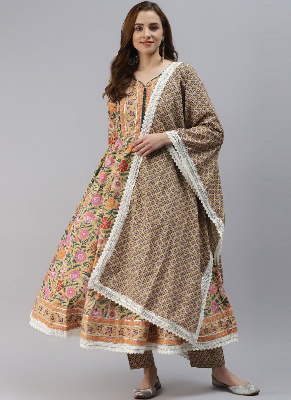 Print Cotton Anarkali Suit in Multi Colour