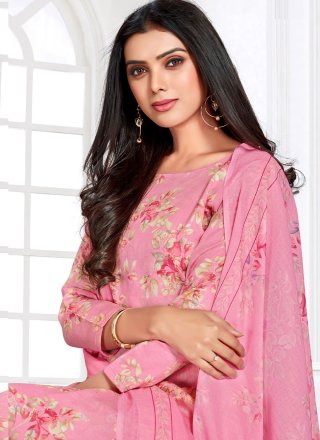 Print Cotton Satin Salwar Suit in Pink