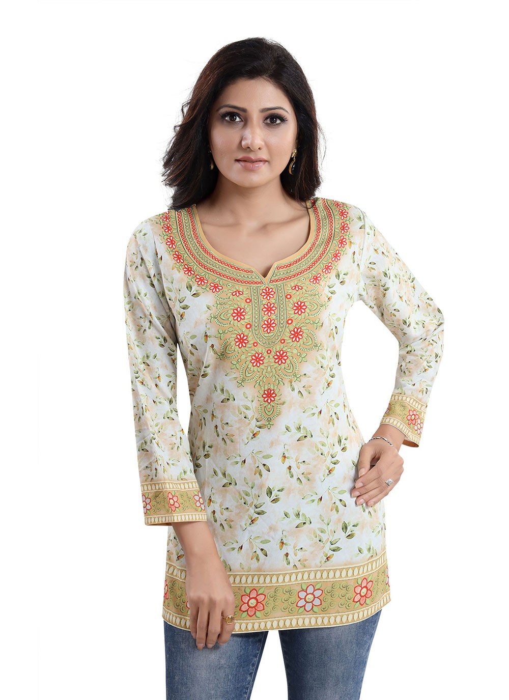 Buy Exotic India BrightWhite Short Kurti with Embroidery and Dori on Neck   Color GreenGarment Size 40 at Amazonin