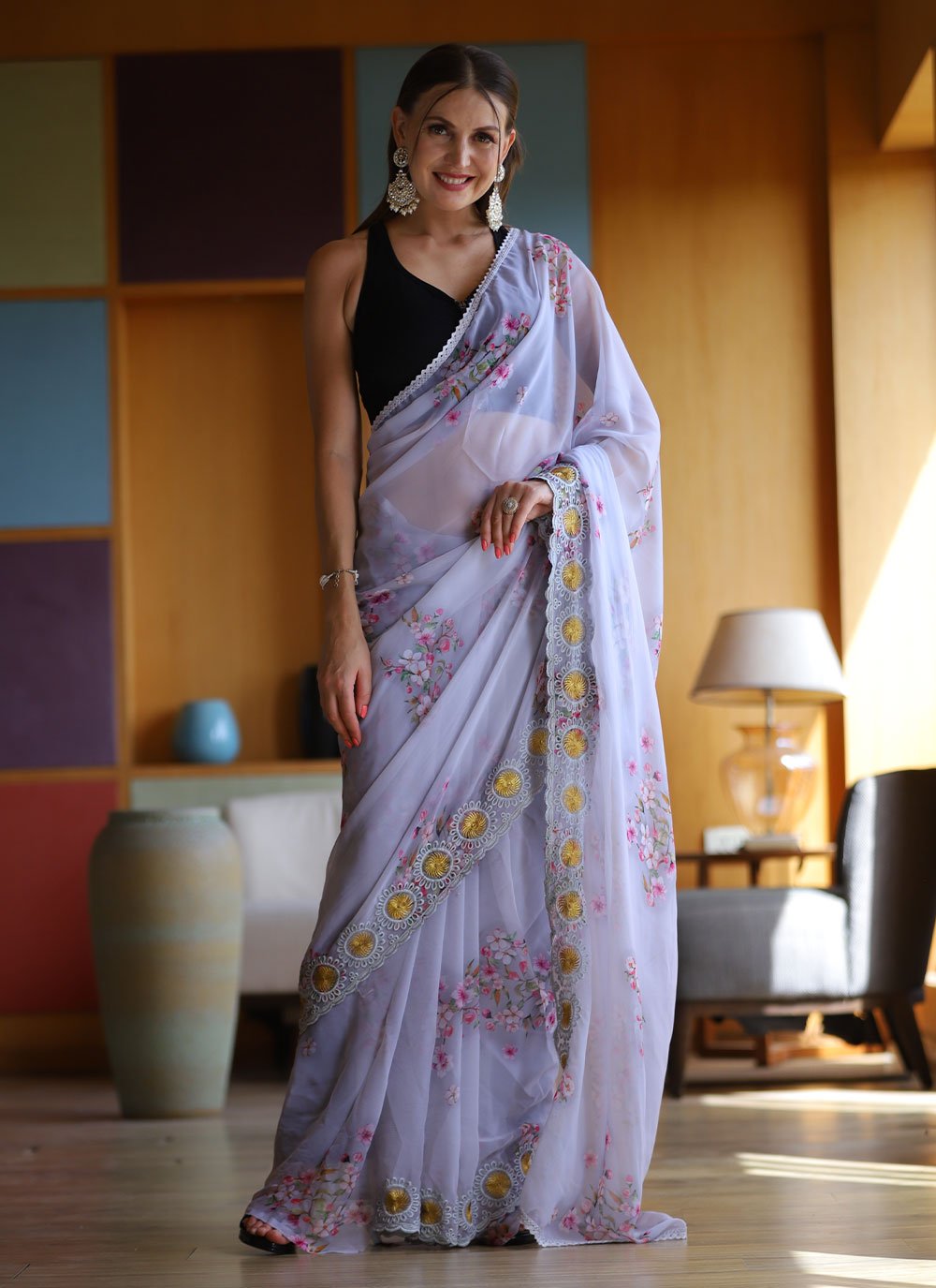 Grey Organza Saree with Exquisite Hand-Cutwork Border and Pearl Embell