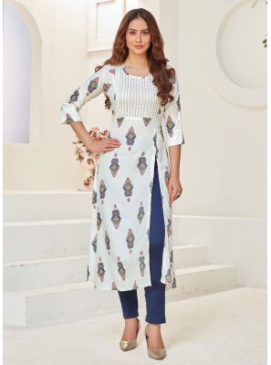 Print Rayon Party Wear Kurti in Off White