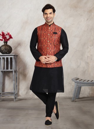 Printed Banarasi Silk Kurta Payjama With Jacket in Black and Red