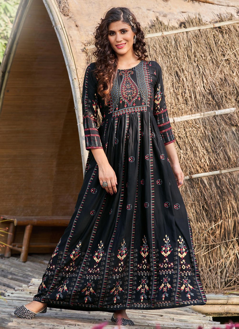 Black Rayon printed kurti 