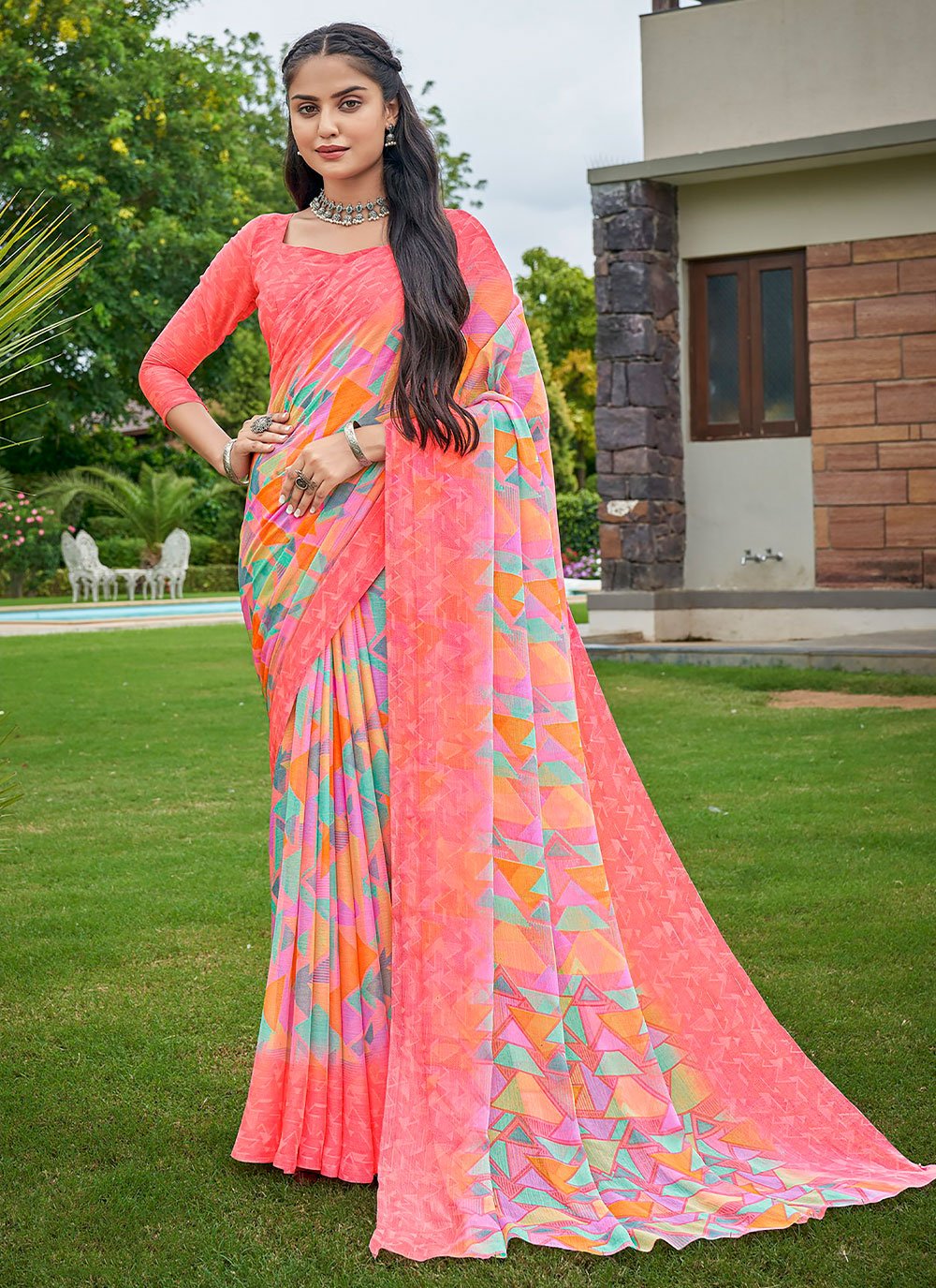 Printed Chiffon Saree in Pink