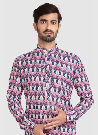 Printed Cotton Kurta Pyjama in Multi Colour