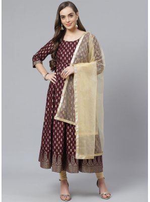 Printed Cotton Pant Style Suit in Purple