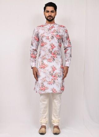 Printed Cotton Silk Kurta Pyjama in Off White
