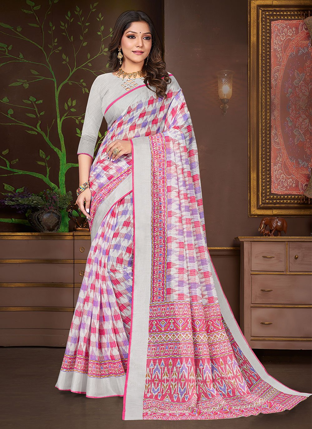 Printed Cotton Trendy Saree in Multi Colour