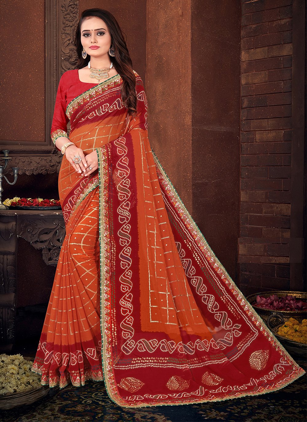 Printed Faux Georgette Traditional Saree in Red