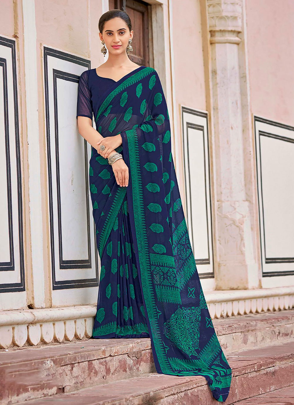 Printed Georgette Navy Blue Classic Saree