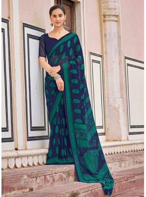 Printed Georgette Navy Blue Classic Saree