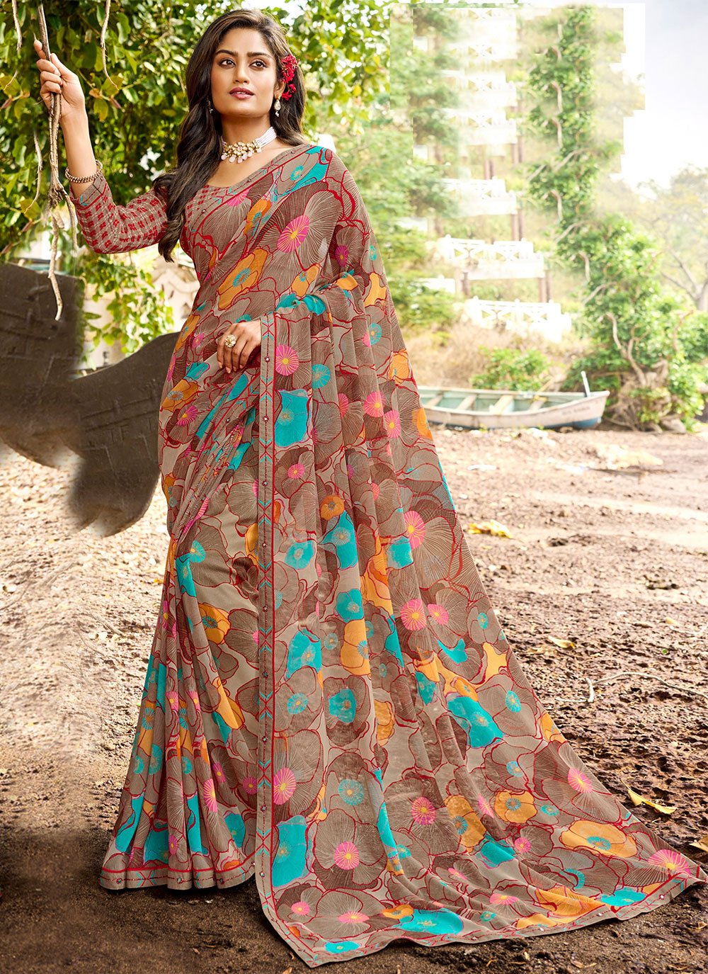 Printed Georgette Trendy Saree in Multi Colour