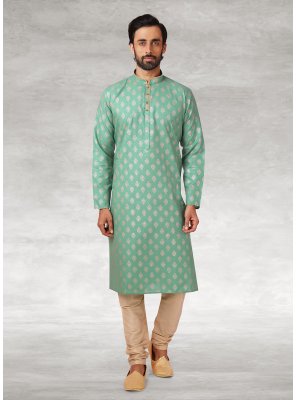 Printed Handloom Cotton Kurta Pyjama in Sea Green