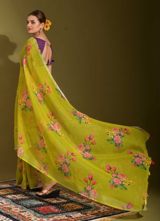 Printed Linen Green Classic Saree