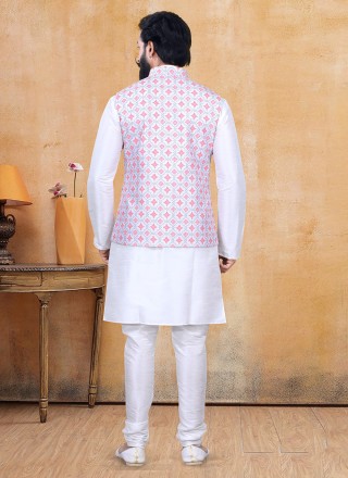 Printed Lucknowi Kurta Payjama With Jacket in Multi Colour and Off White