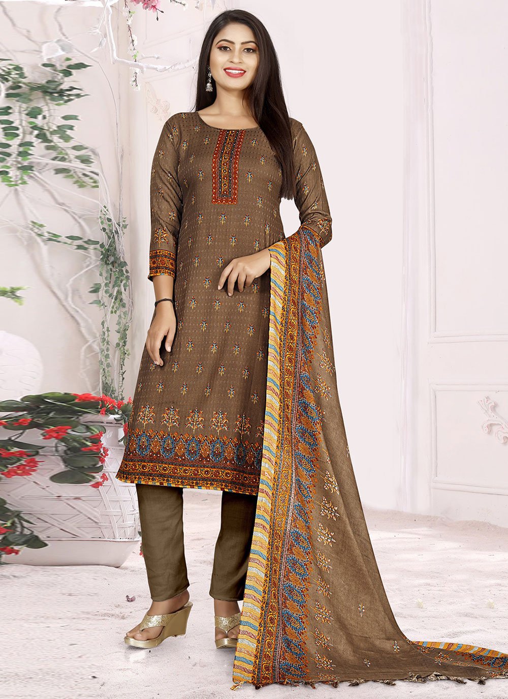 Printed Pashmina Brown Salwar Suit