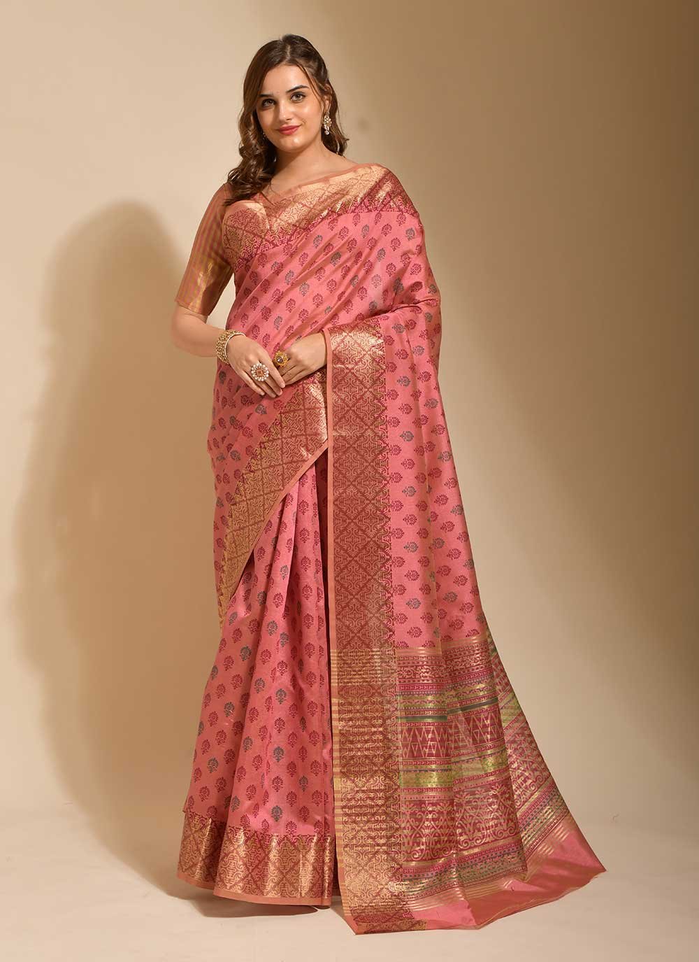 Printed Pink Art Silk Designer Saree