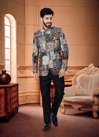 printed satin jodhpuri suit in multi colour 241221