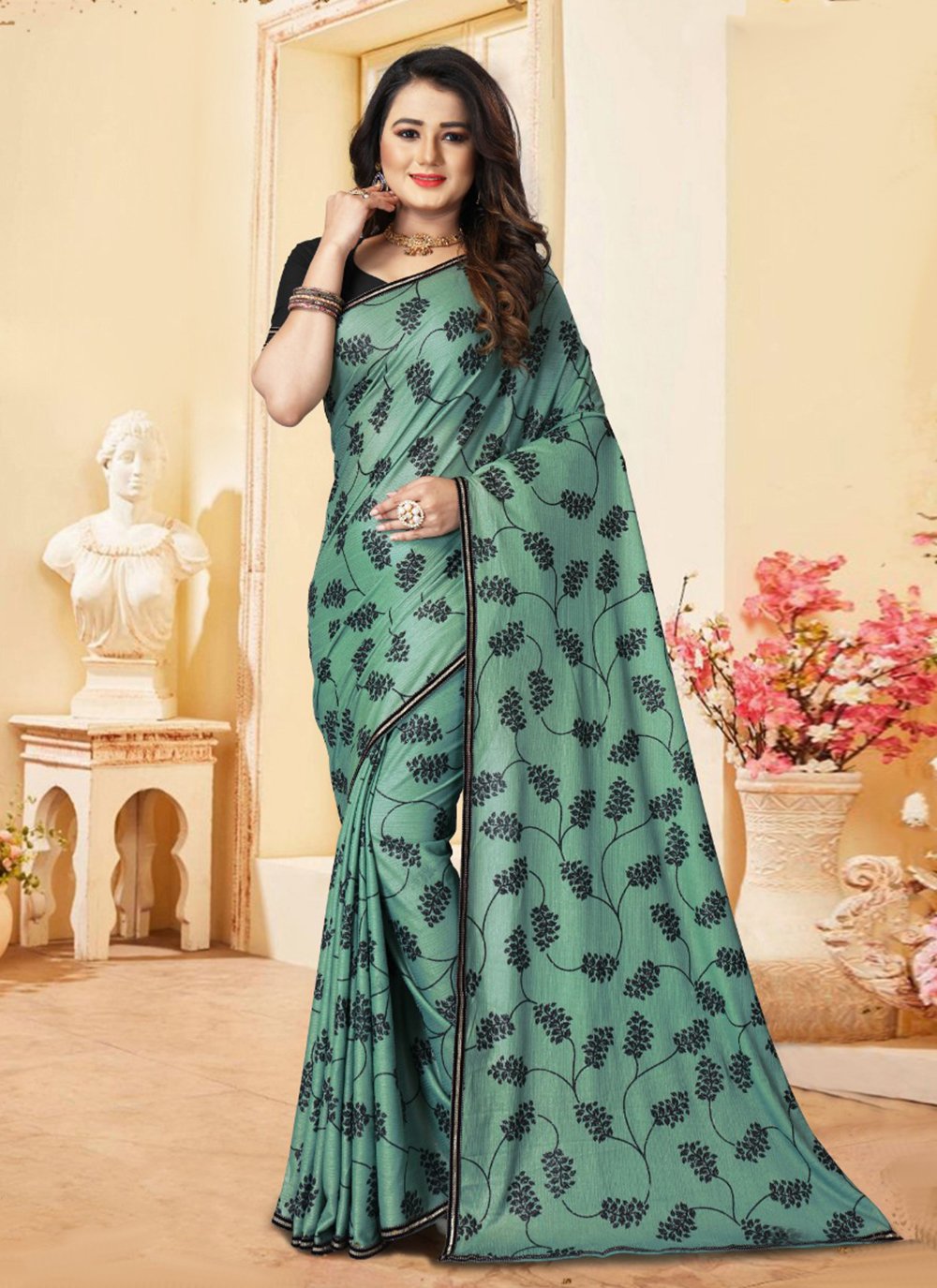Printed Silk Trendy Saree in Teal