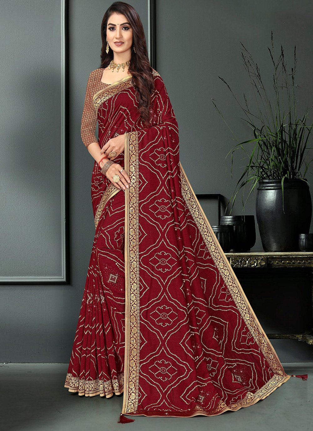 Printed Vichitra Silk Maroon Traditional Saree