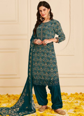 Sky Blue Cotton Satin Punjabi Suit | Matching Punjabi Suit Combination |  smiling.mx