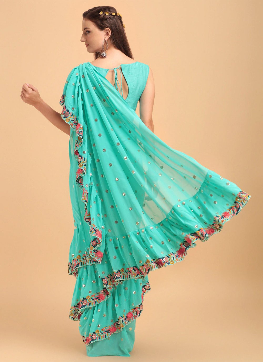 Shop Dusty Green Ruffle Georgette Lycra Saree with Belt Online in USA –  Pure Elegance