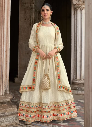 Pure Georgette Off White Embroidered Designer Floor Length Suit