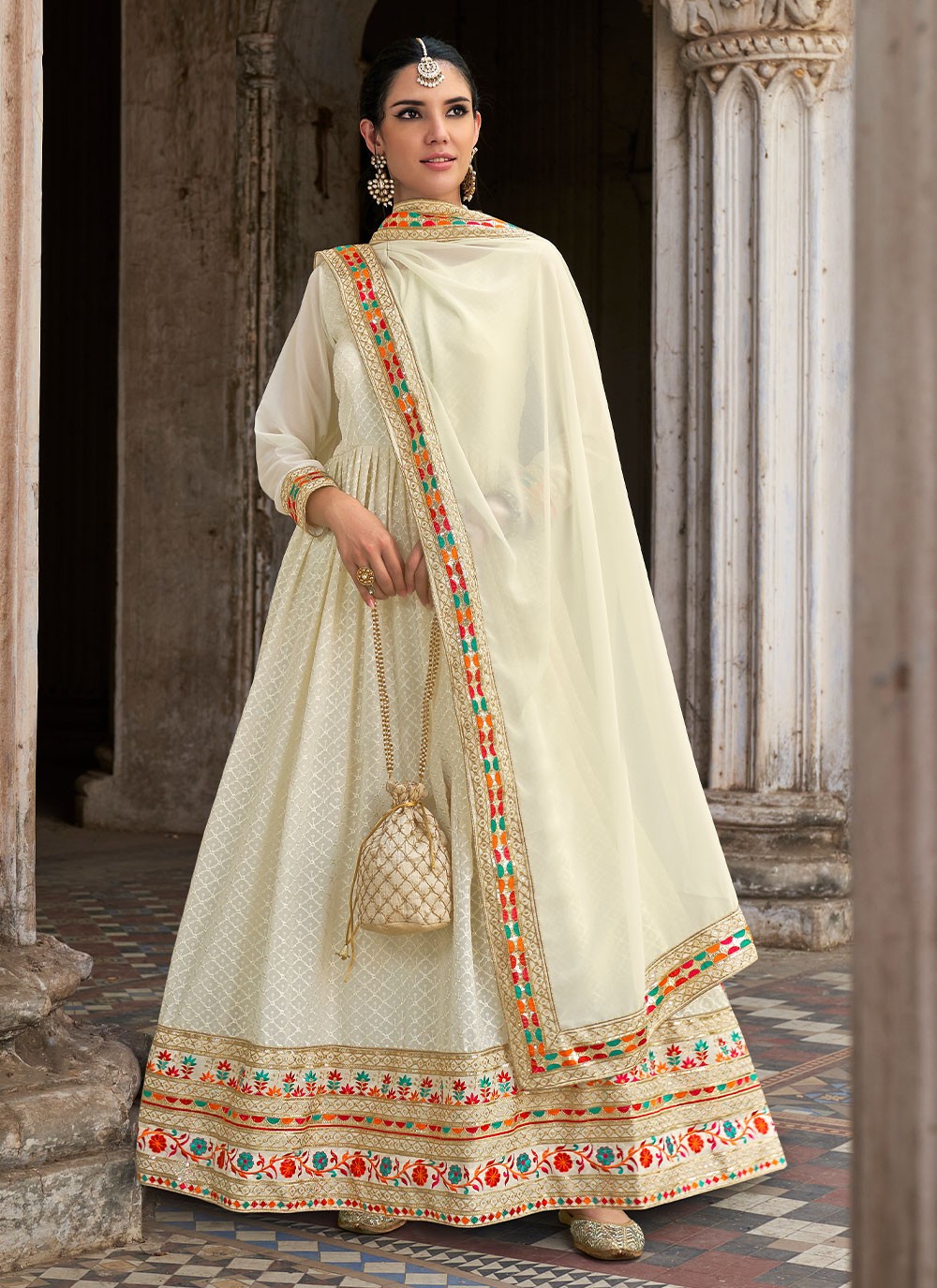Pure Georgette Off White Embroidered Designer Floor Length Suit