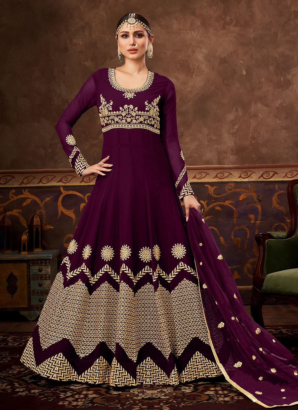Pure Georgette Purple Designer Floor Length Suit