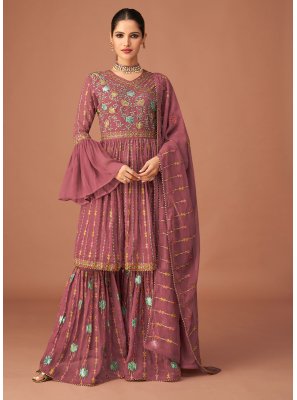 Pure Georgette Purple Embroidered Designer Pakistani Suit
