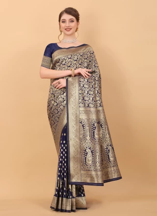 Pure Silk Classic Designer Saree in Navy Blue