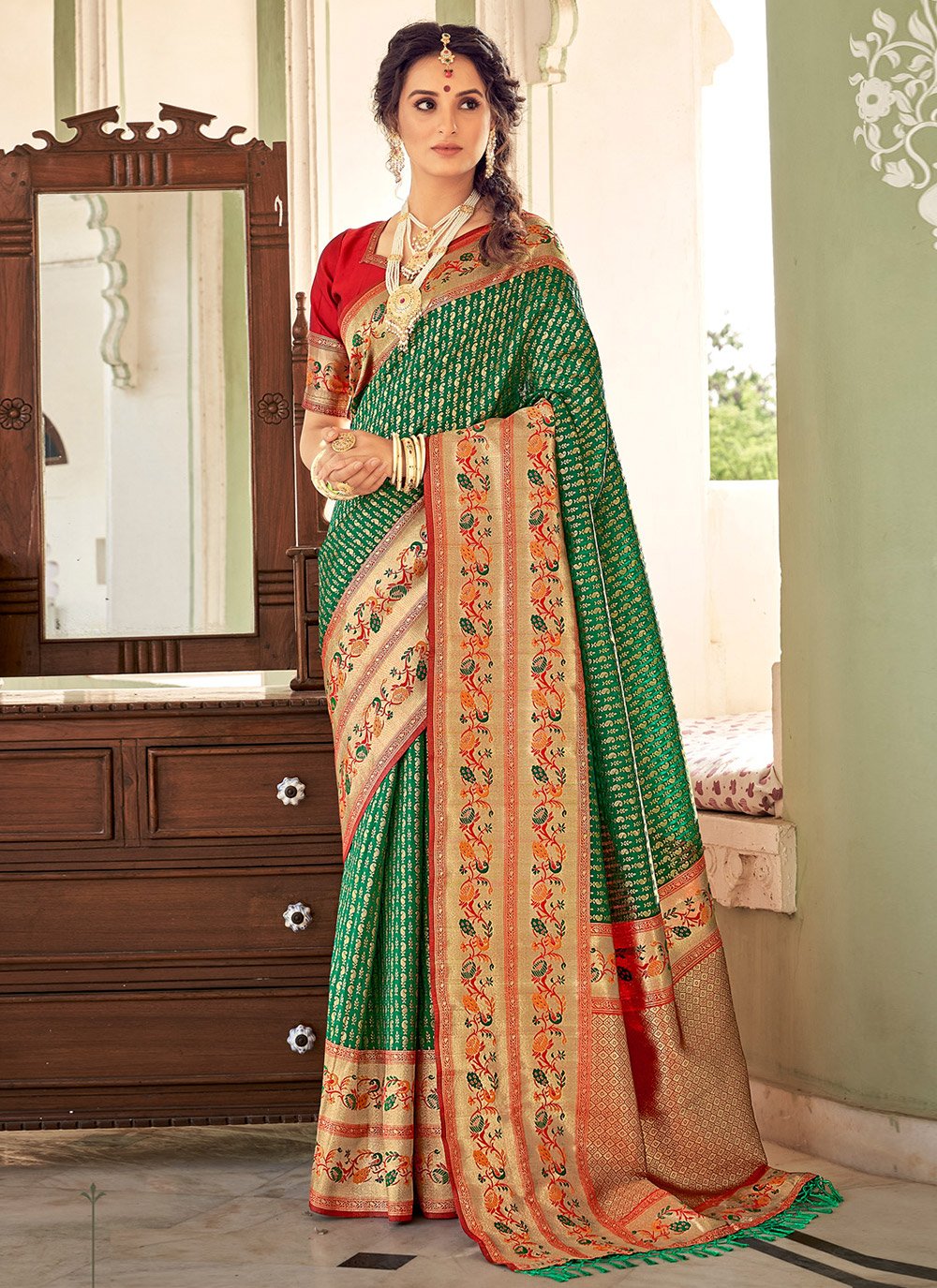 Pure Silk Weaving Green Designer Saree