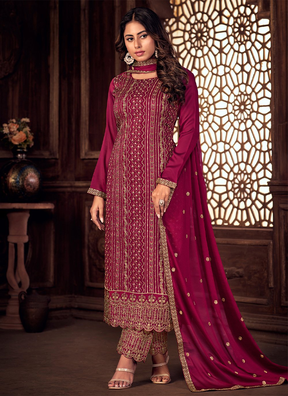 Pure Silk Wine Pant Style Suit