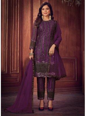 Purple Dori Work Net Designer Salwar Suit