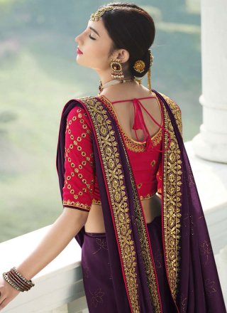 Purple Embroidered Chiffon Satin Classic Saree