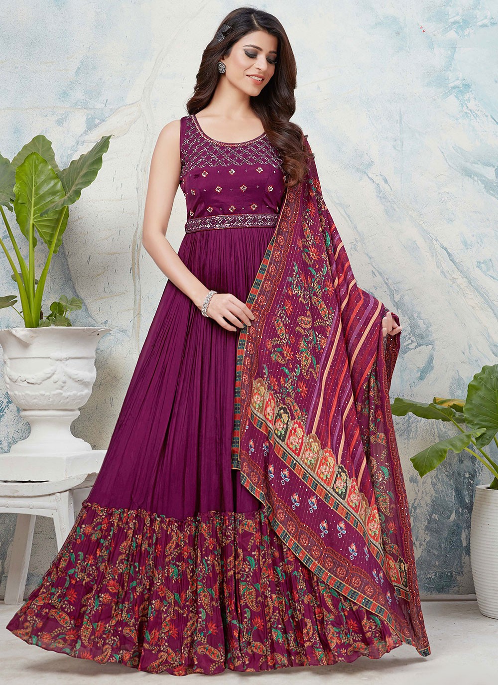 Purple Embroidered Chinon Readymade Designer Suit