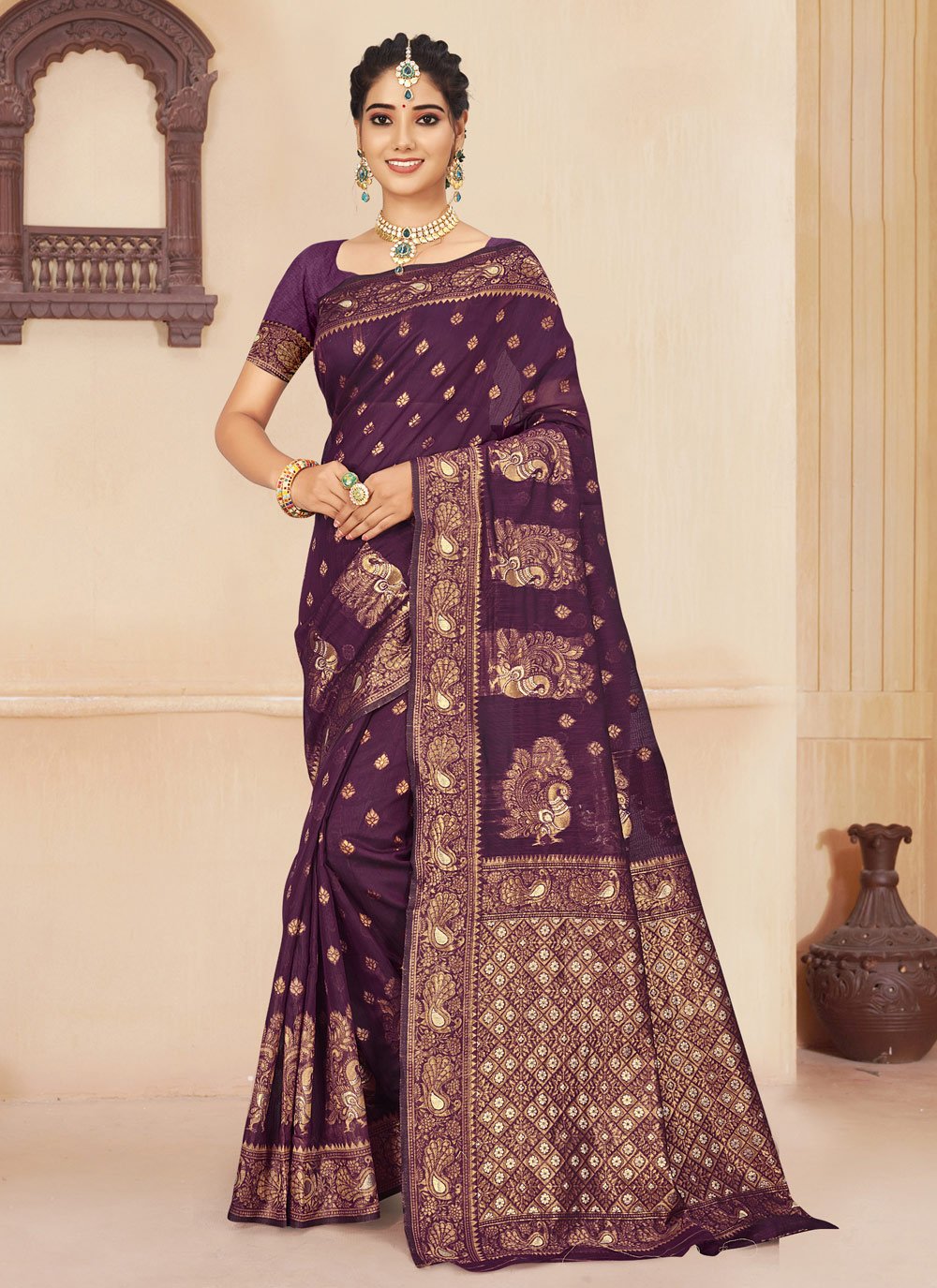 Purple Embroidered Engagement Casual Saree
