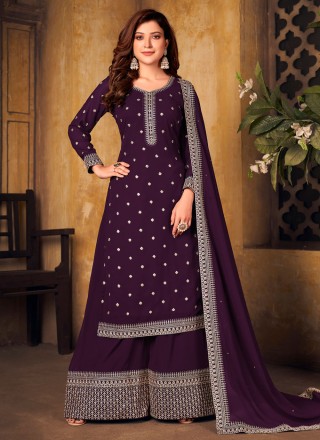 Purple Embroidered Faux Georgette Designer Palazzo Salwar Suit