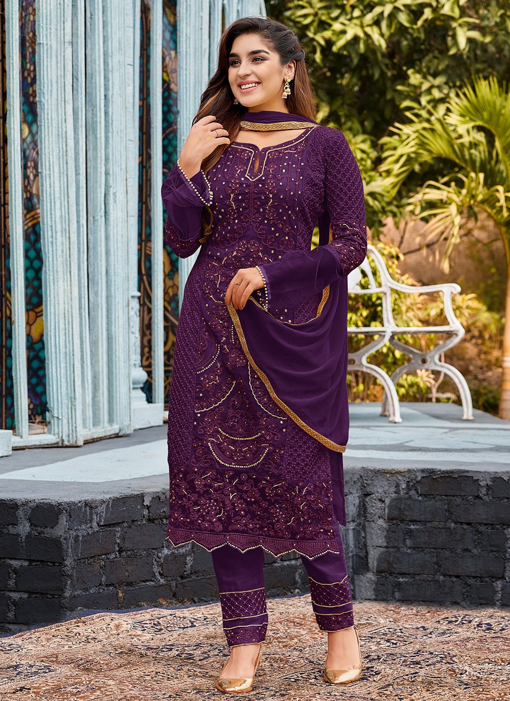 Purple Embroidered Faux Georgette Pant Style Suit