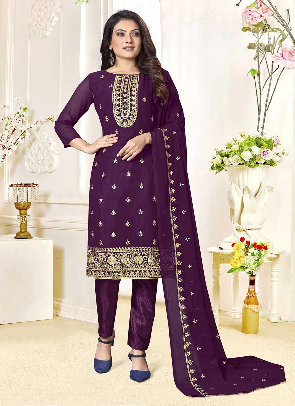Purple Embroidered Georgette Salwar Suit