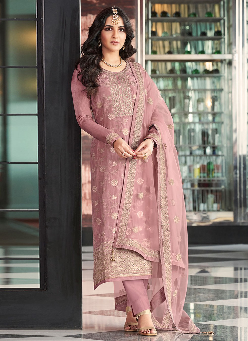 Purple Embroidered Jacquard Pant Style Suit