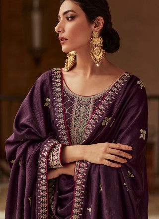 Purple Embroidered Mehndi Long Length Salwar Kameez