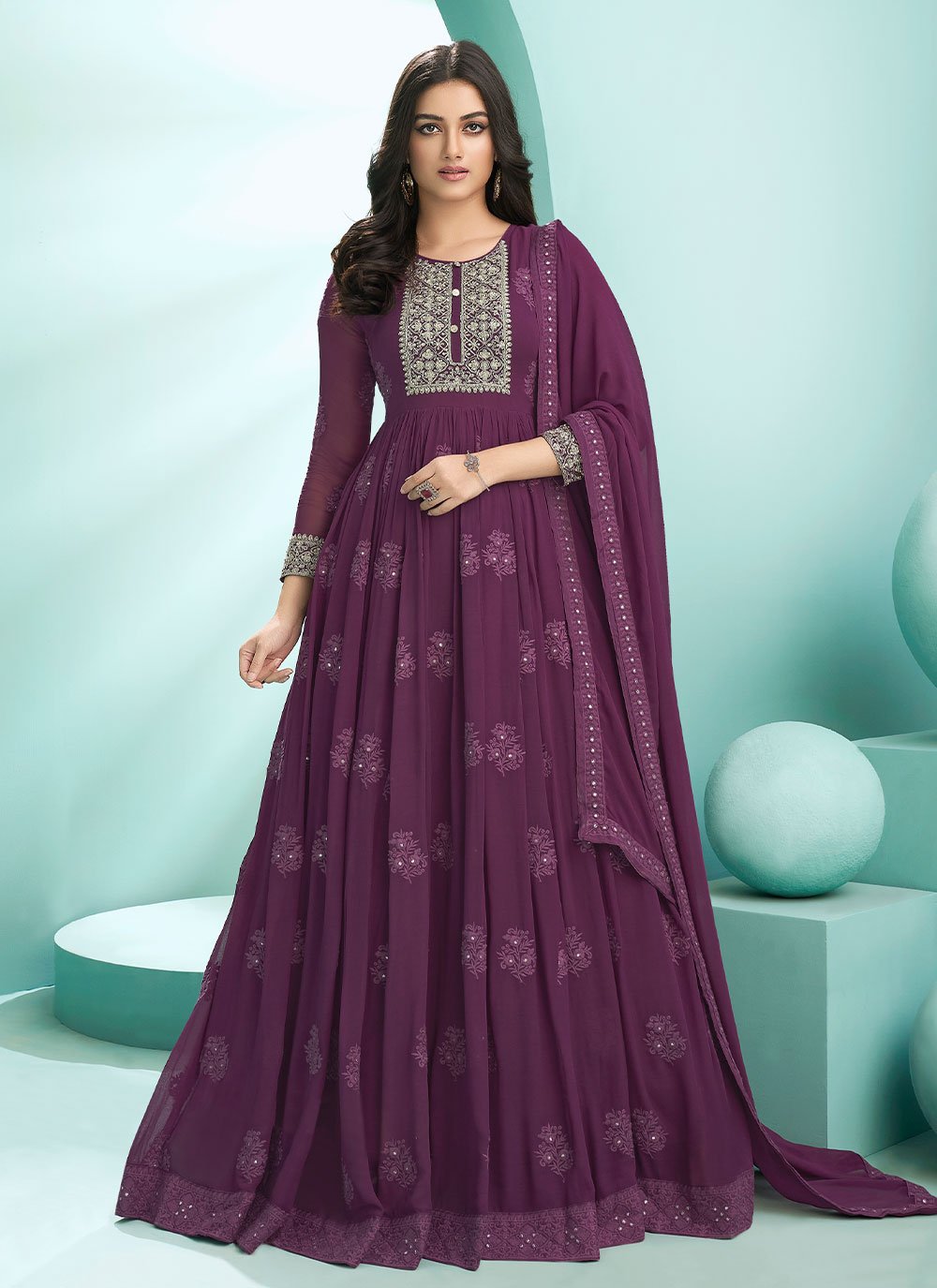 Purple Embroidered Readymade Anarkali Salwar Suit