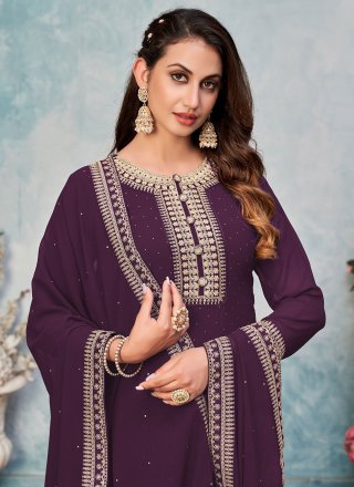 Purple  Colour Embroidered Pant Style Suit