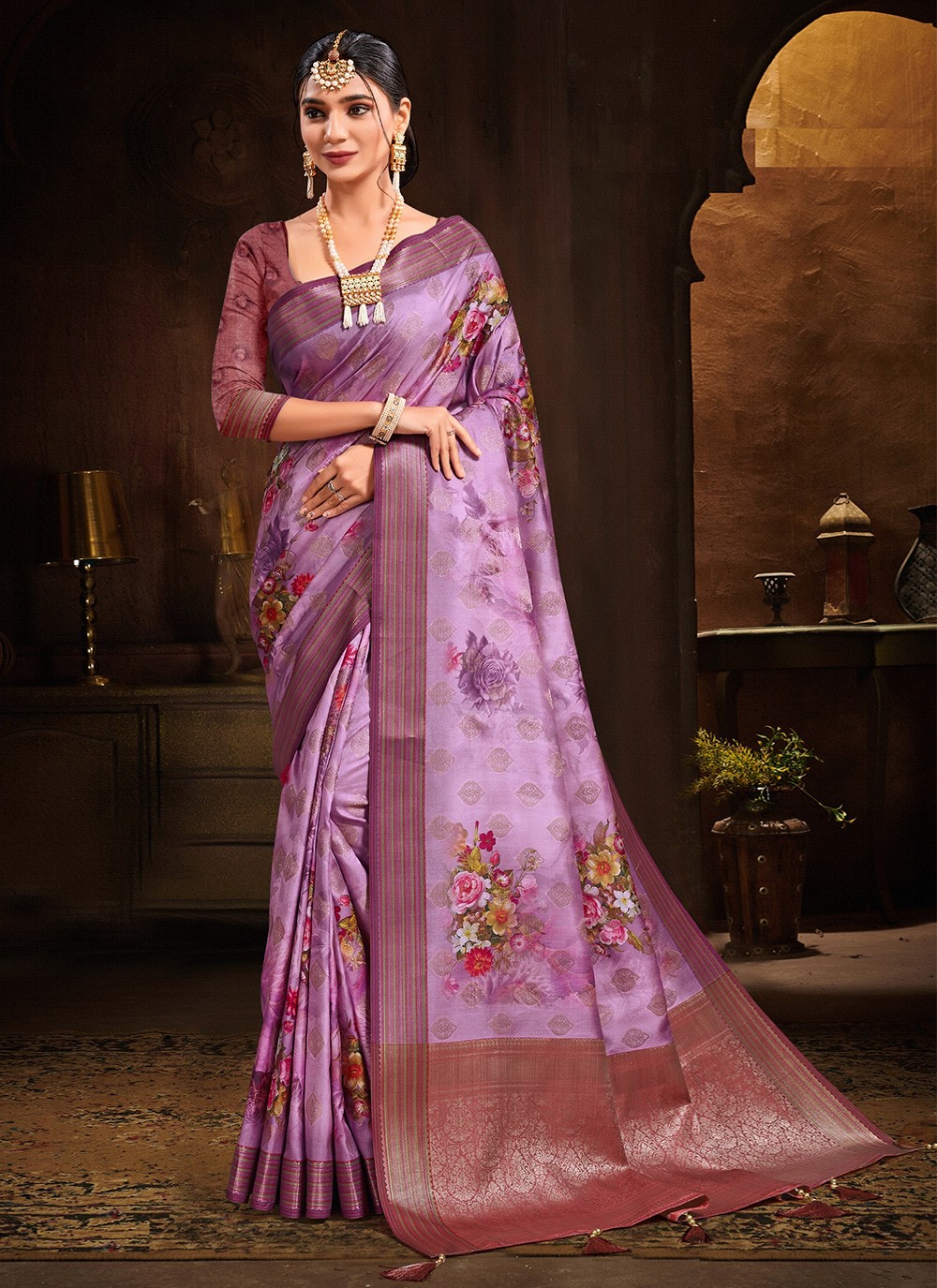 Purple Floral Print Traditional Saree