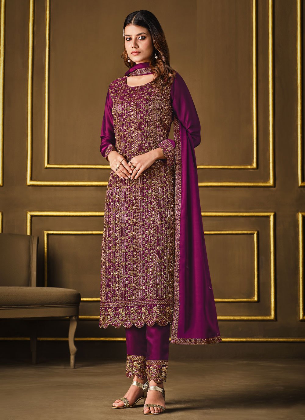 Purple Georgette Straight Salwar Suit
