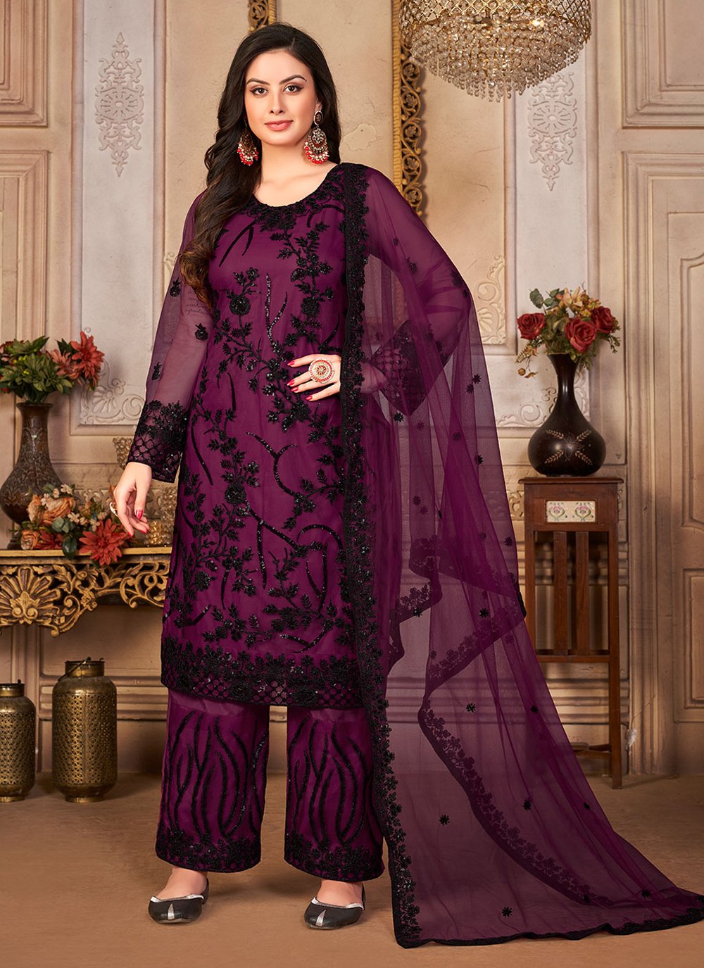 Purple Net Embroidered Pakistani Salwar Kameez