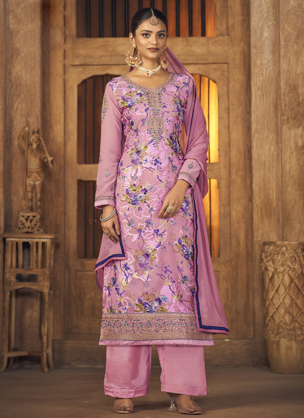 Purple Printed Brasso Pakistani Salwar Suit