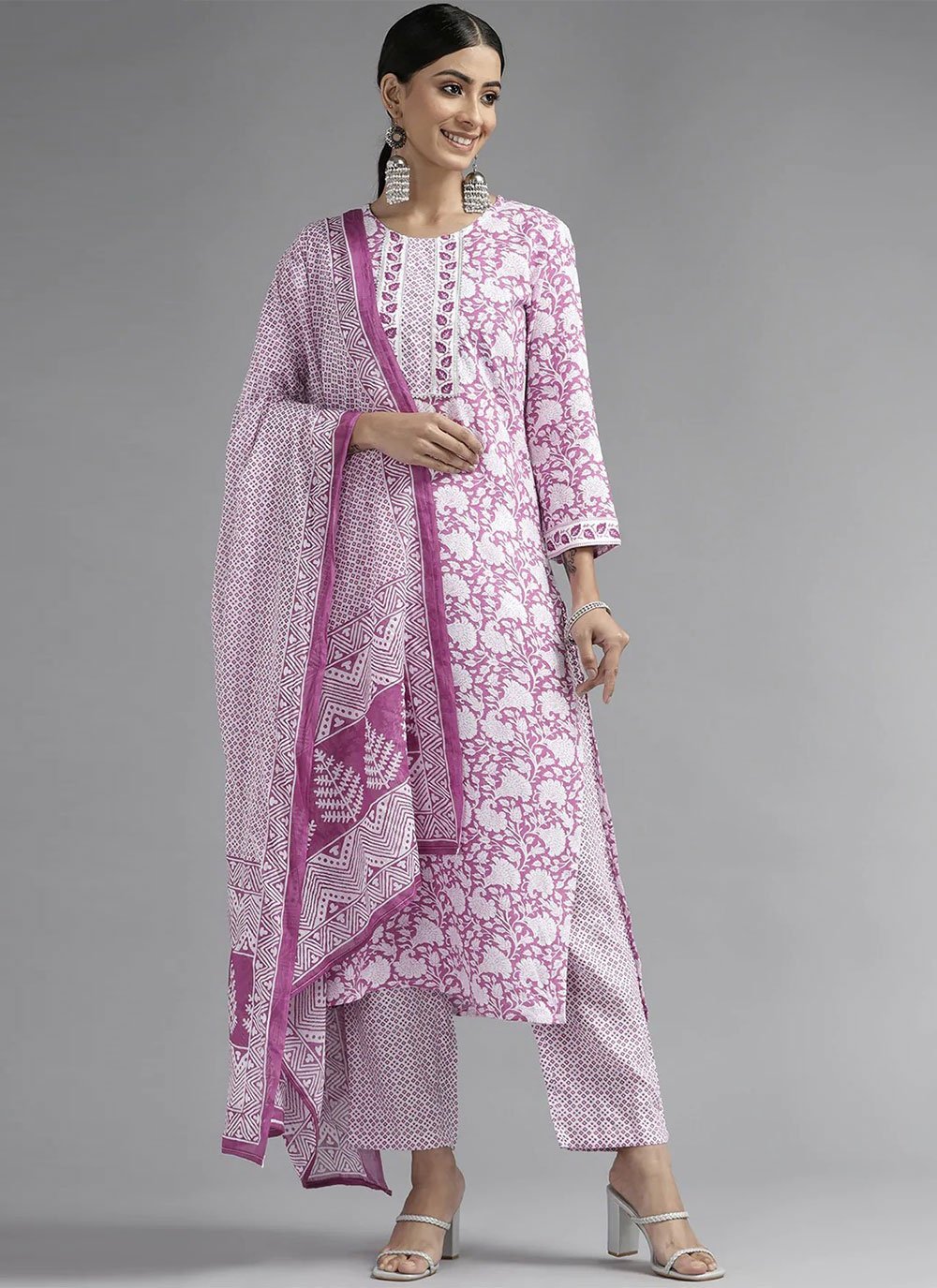 Purple Printed Cotton Trendy Salwar Suit