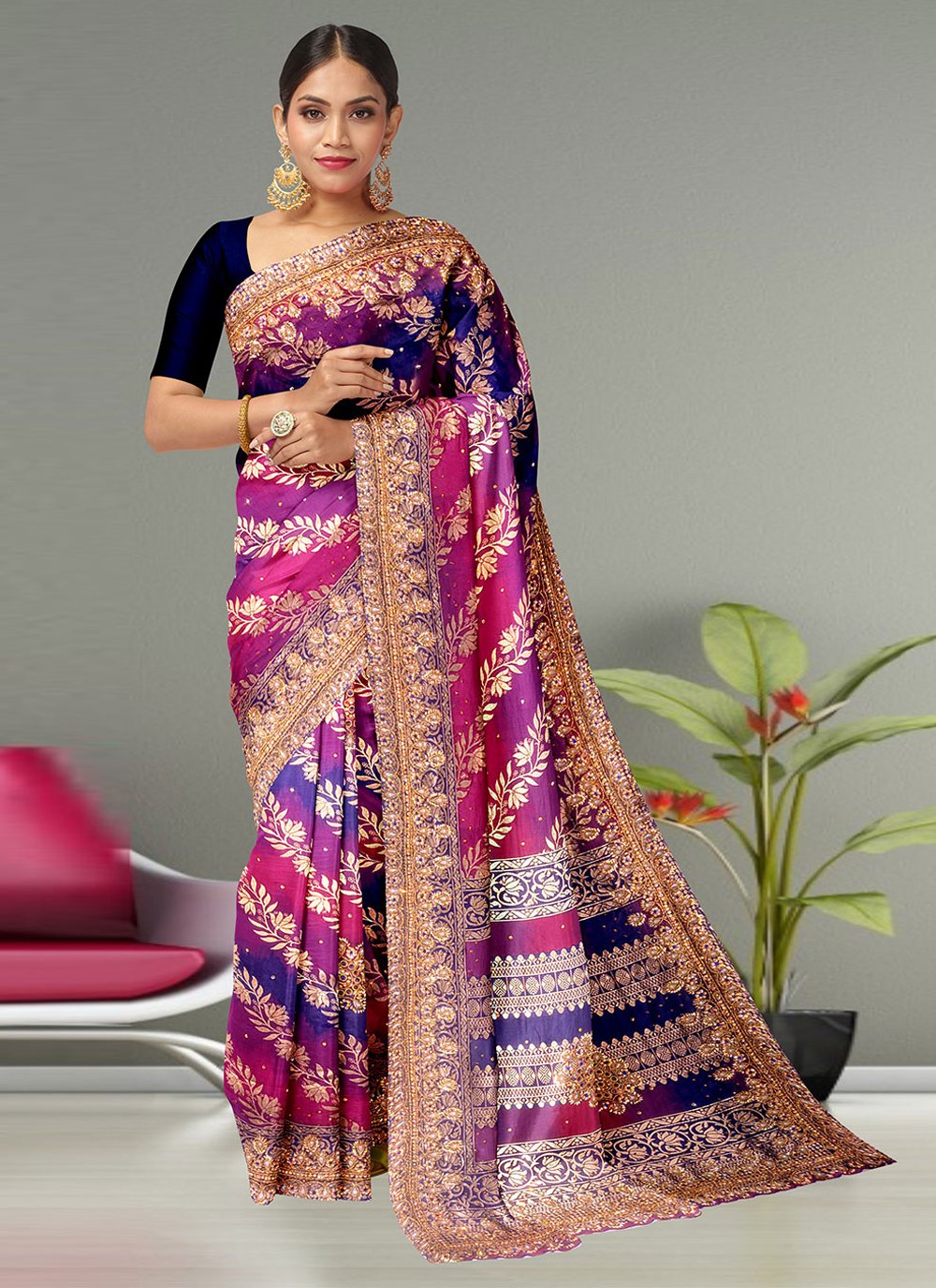 Purple Raw Silk Wedding Traditional Saree